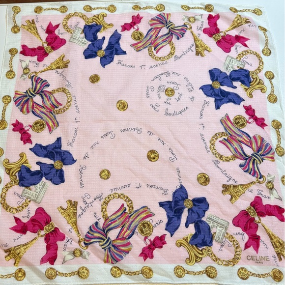 CÉLINE Paris Petite Silk ScarfEiffel Tower & Bow PrintPink Gold & Navy